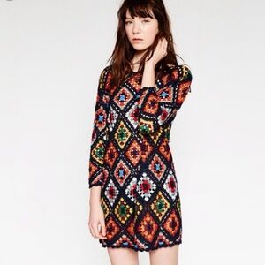 Zara Knit Crochet Granny Square Mini Dress Women’s Medium Multicolor Boho